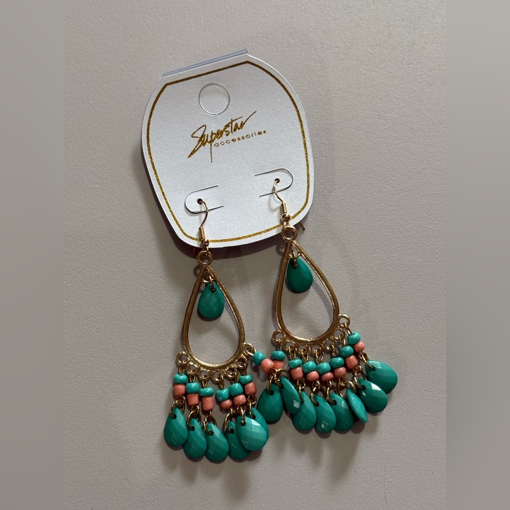 NWT Superstar Accessories Gold and Turquoise Dangle Earrings